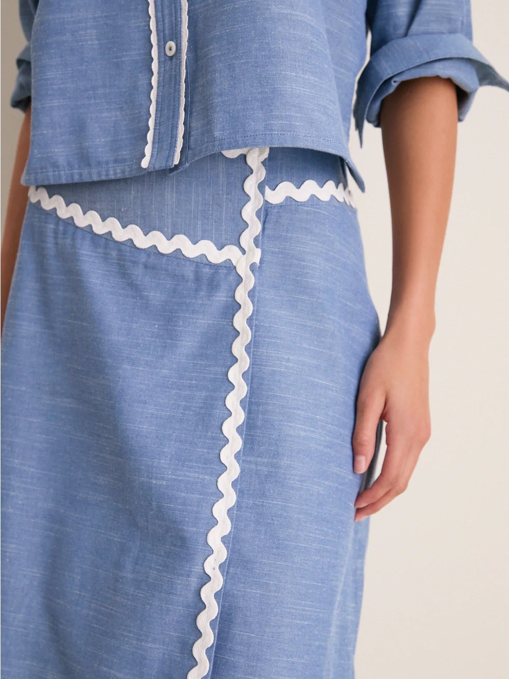 Tuckernuck Chambray Blue Midi Skirt with White Rickrack - Picture 5 of 8